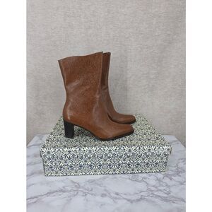 A. Marinelli Brown Archer Floral Tooled Leather Heeled Boots Mid-Calf NEW